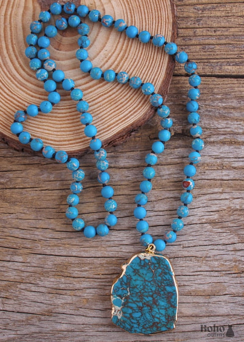 Boho Necklace, RH Turquoise Natural Stone in Blue and Green